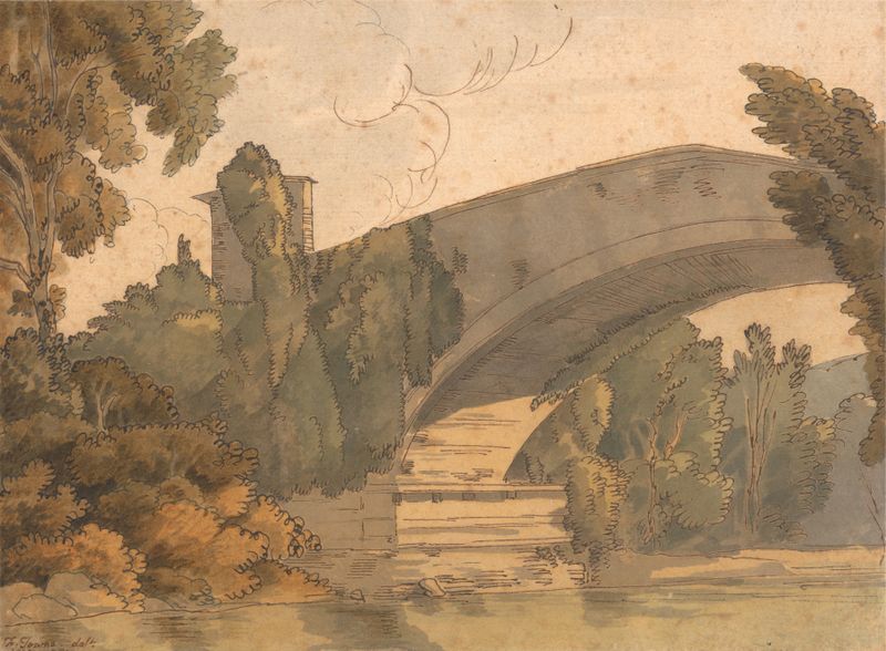 A Bridge Between Florence and Bologna de Francis Towne, acuarela que muestra un puente sobre un río en el campo.
