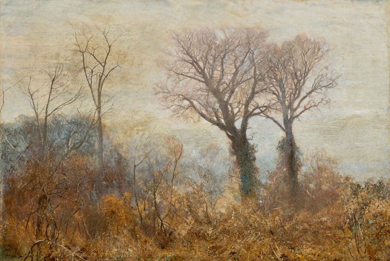 When winter’s wasteful spite was almost spent, oil on canvas by John William North depicting a snowy landscape with emerging greens.