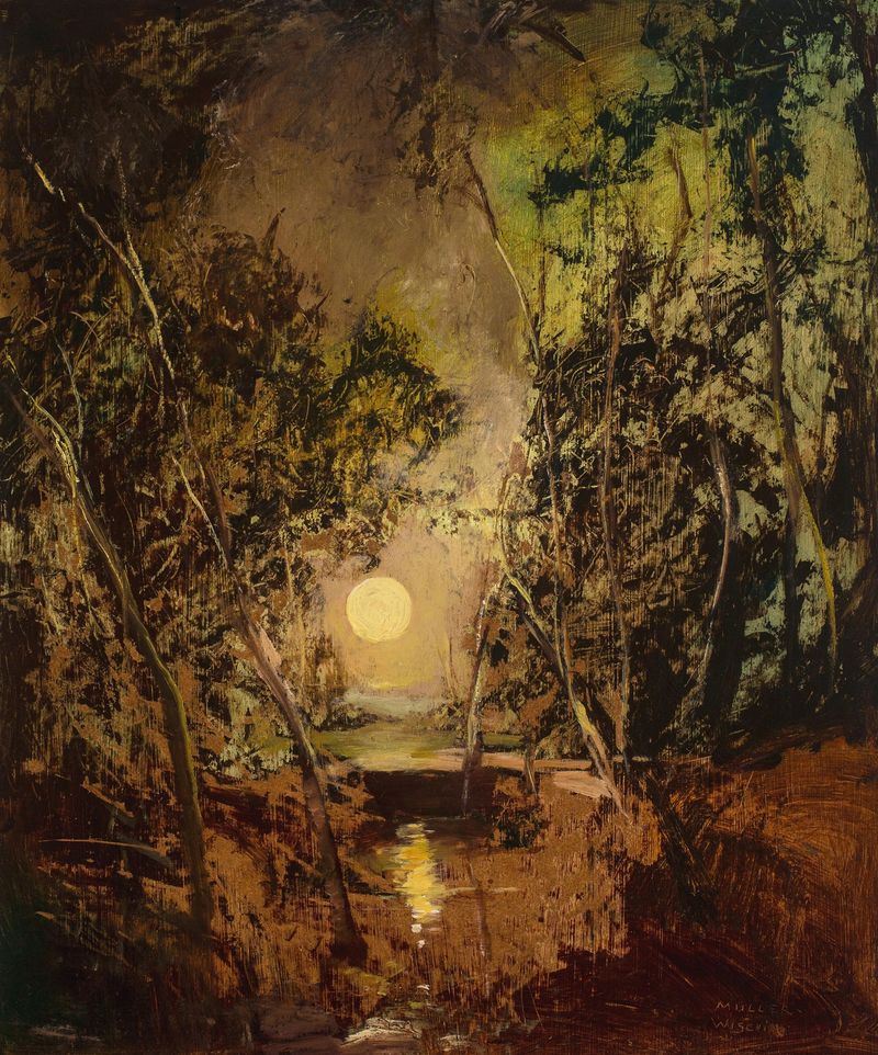 Salida de la luna sobre un paisaje tranquilo, pintura al óleo de Anton Müller-Wischin