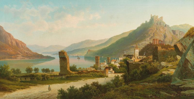 Paisagem com uma vila ao longo do Reno, pintura a óleo de Heinrich Eduard Heyn