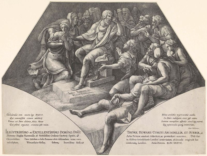 Oordeel van Zaleucus, grabado de Wenceslaus Hollar, mostrando a Zaleucus en un momento de decisión.