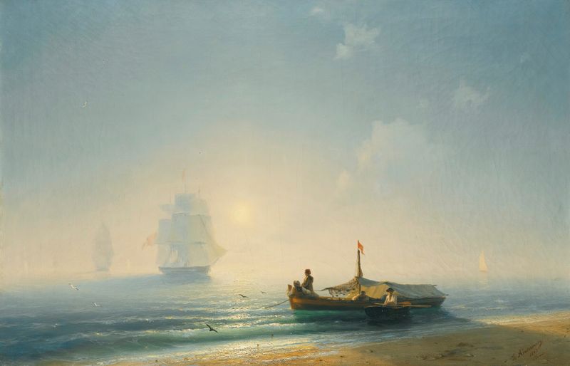 Fishermen At Dawn, Naples de Ivan Konstantinovich Aivazovsky, pintura a óleo que retrata pescadores em silhueta sobre a água.