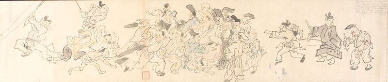 Genre scene with humorous figures in a contest, paper by Kano Tan'yū