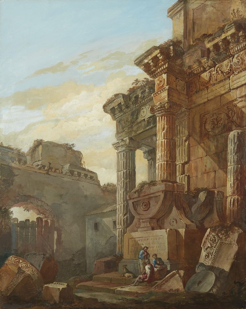 View from ancient Rome with figures, ink on paper by Charles Louis Clérisseau