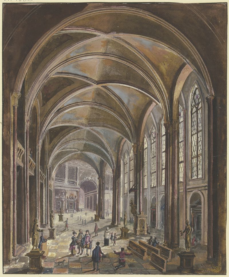Interior scene with gothic windows and baroque altar by Christian Stöcklin, oil on canvas