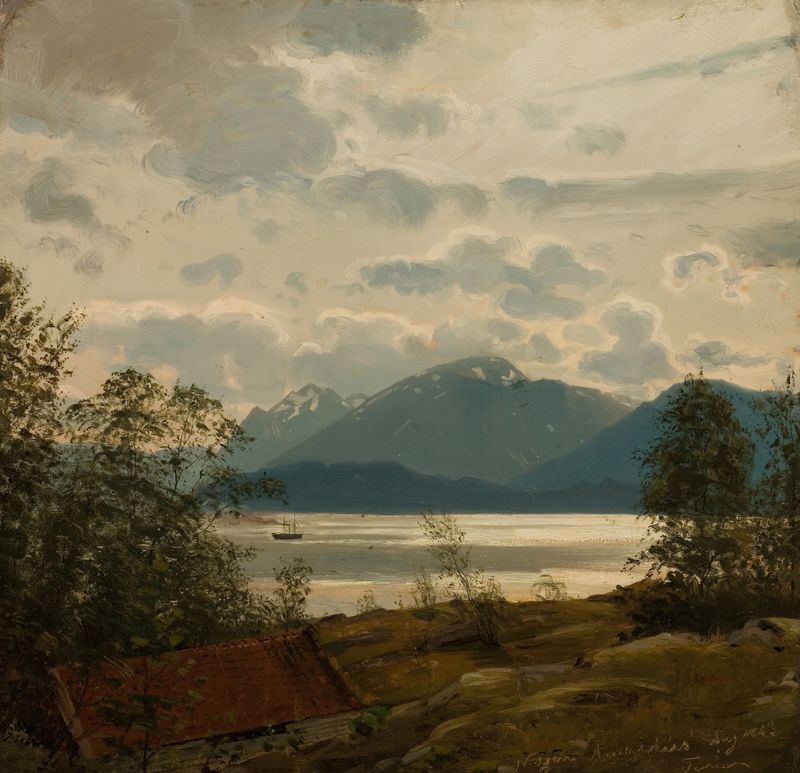Paisagem mostrando penhascos e mar turbulento, pintura a óleo de Amaldus Nielsen