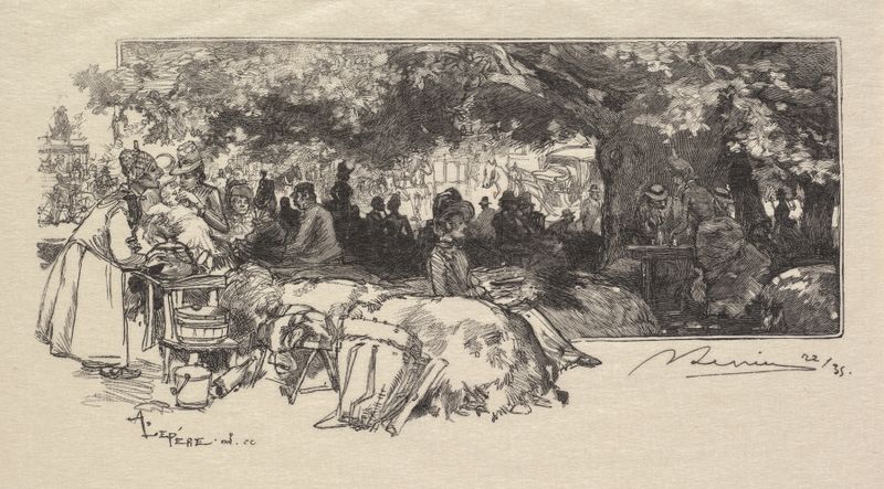 Escena de género que representa a una anciana en una mesa de madera, pintura al óleo de Auguste Louis Lepère