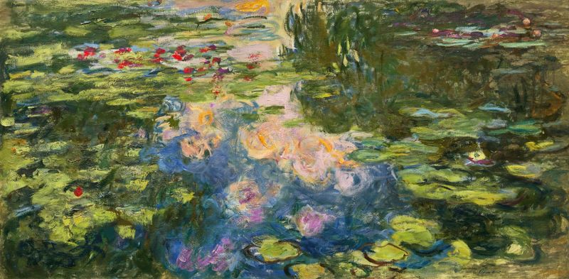 Le Bassin aux nymphéas by Claude Monet, oil painting depicting a tranquil garden with water and flowers.