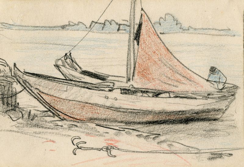 Oil on canvas by Adolf le Comte depicting a boat on a river with reflections