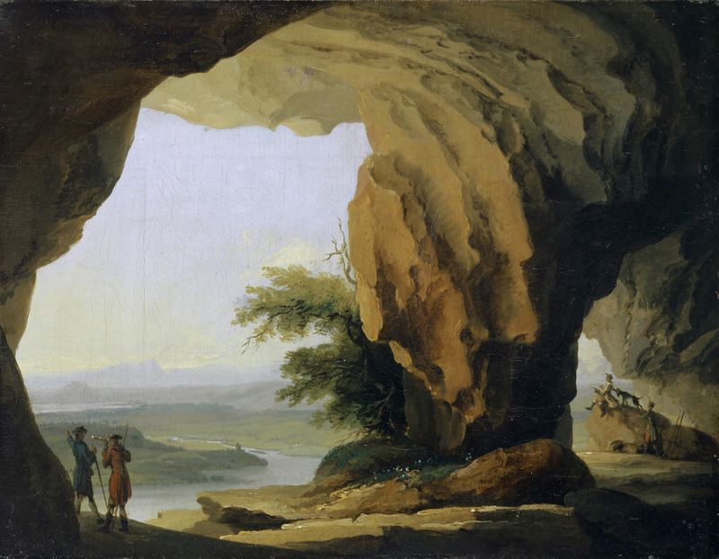 Paisaje con la Cueva Beatus de Caspar Wolf, pintura al óleo que muestra un río serpenteante entre colinas.