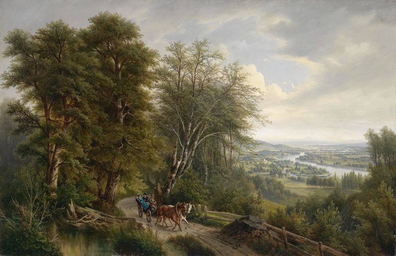 Donaulandschaft mit Blick auf Nußdorf de Josef Burgaritzky, óleo sobre lienzo que representa un paisaje sereno del río.
