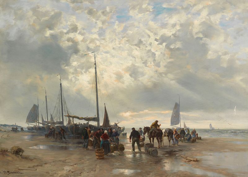 Cena marinha de pescadores voltando para casa ao pôr do sol, óleo sobre tela de Désiré Thomassin