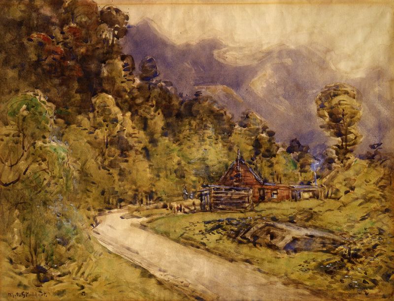 Cottage surrounded by mountains, oil painting by Margaret Stoddart