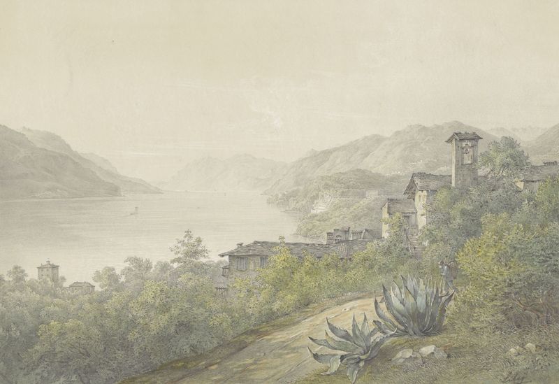 Landscape of Lake Como with trees and hills, oil on canvas by Karoly Lajos Libay