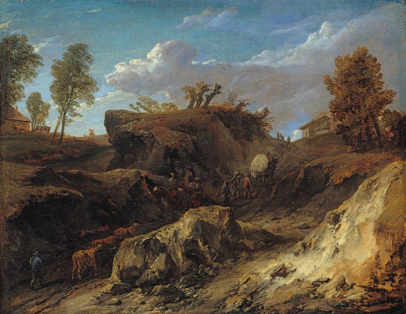Paisagem de Cornelis Huysmans, óleo que retrata um caminho na floresta com luz filtrada.