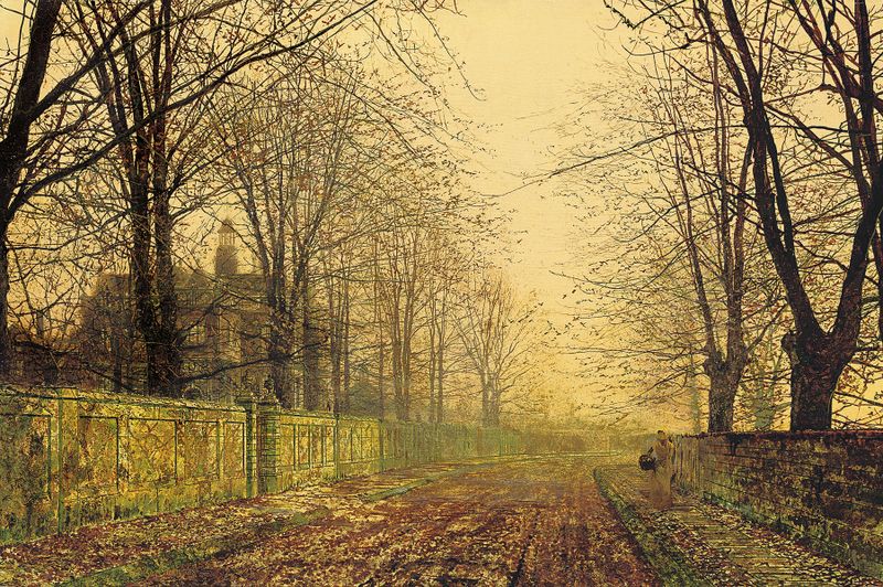 The Sere and Yellow Leaf, pintura a óleo de John Atkinson Grimshaw, com folhas de outono e tons crepusculares.