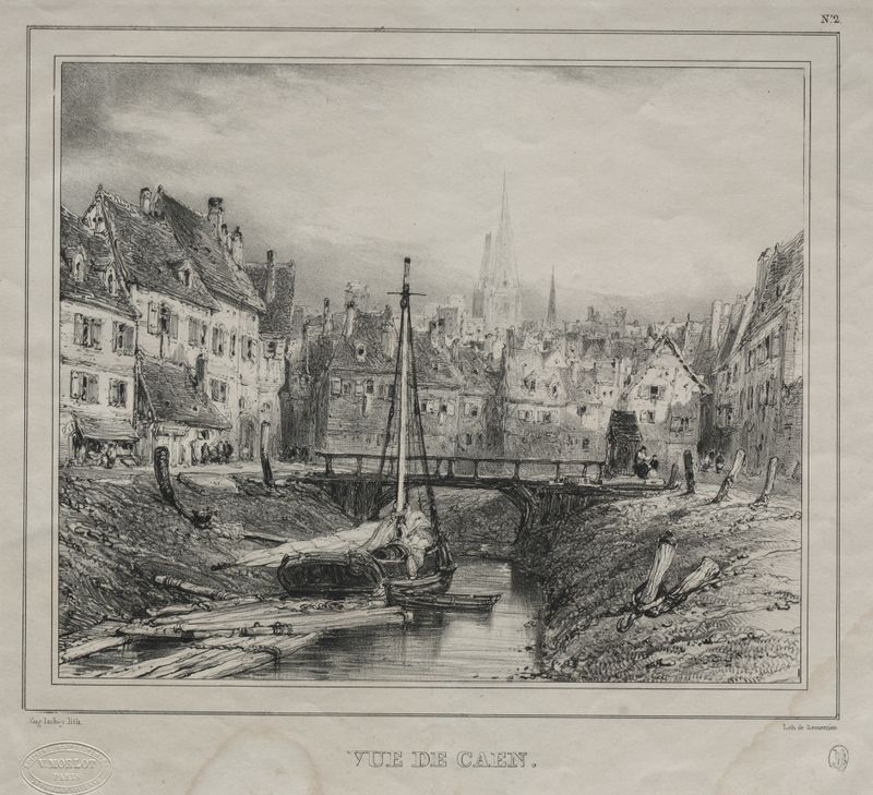 Vue de Caen de Eugène Isabey, óleo sobre lienzo que representa un río con reflejos del cielo.