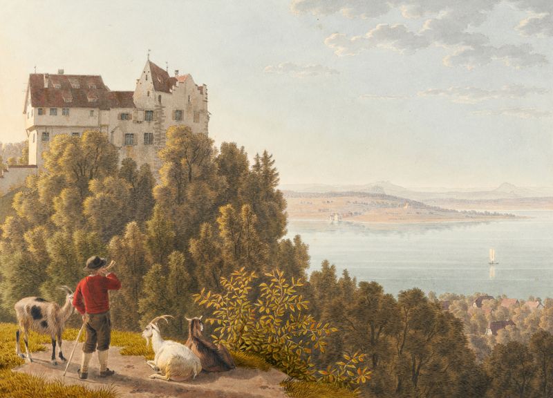 Paisagem com um lago refletindo colinas e um castelo de Johann Jakob Biedermann, pintura a óleo.