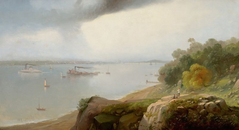 A view of New York skyline over water, oil painting by Andrew Melrose