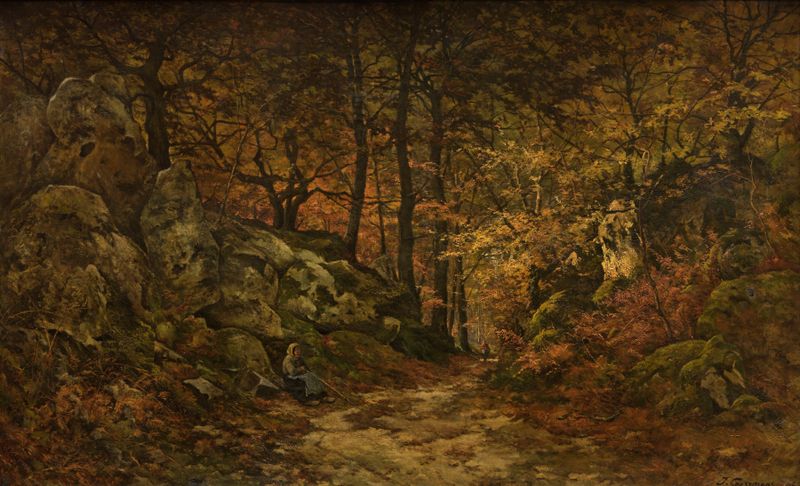 The Gorge aux Loups in Fontainebleau by Joseph Théodore Coosemans, oil on canvas depicting a river and cliffs.