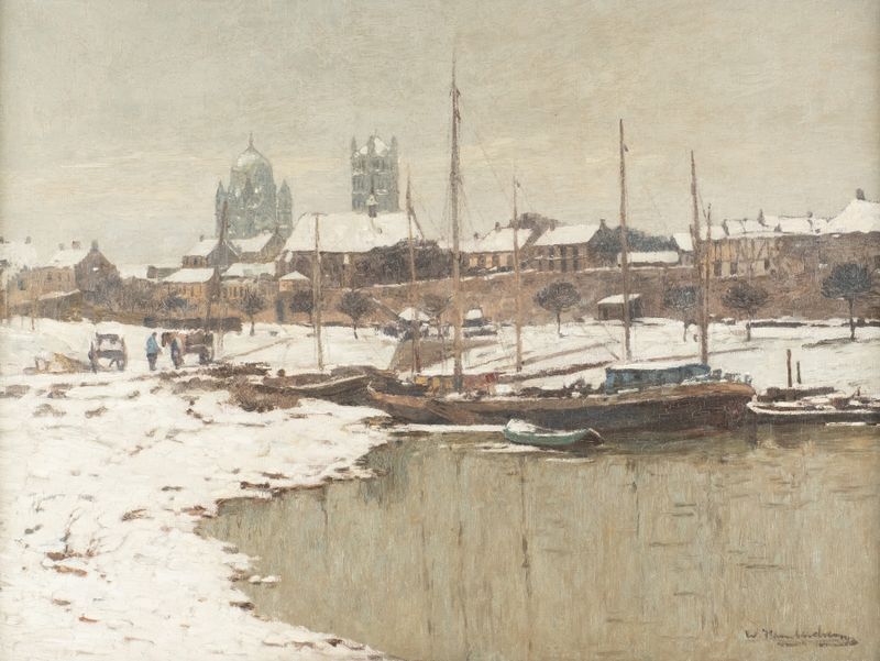 Snowy landscape with a river and village by Wilhelm Hambüchen, oil painting