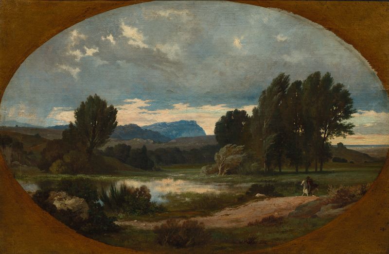 Paisagem com Cavaleiro em Cavalo Branco, óleo de Jean-Achille Benouville