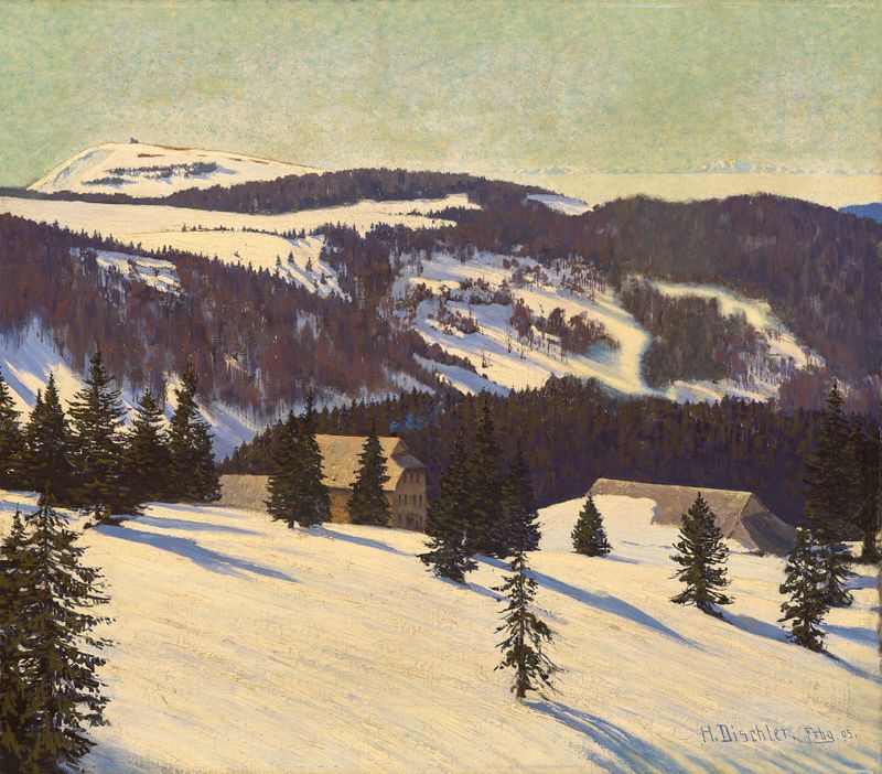 Landscape featuring a wooden hut in snow by Hermann Dischler, 1905