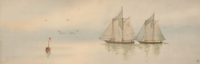Dos pescadores en óleo sobre lienzo de Louis Kinney Harlow, ambientados en aguas suaves.