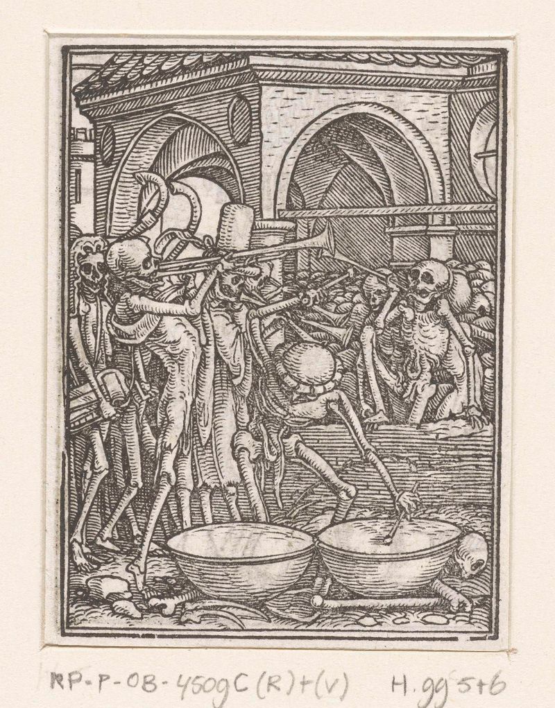 Skeletons making music with instruments on paper by Hans Holbein (II)