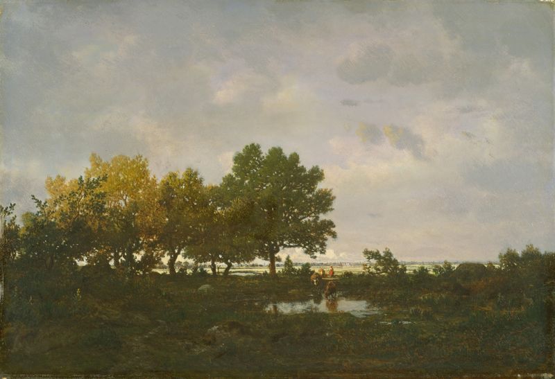La Charca de Théodore Rousseau, óleo sobre lienzo que representa un paisaje tranquilo con luz solar y reflejos.