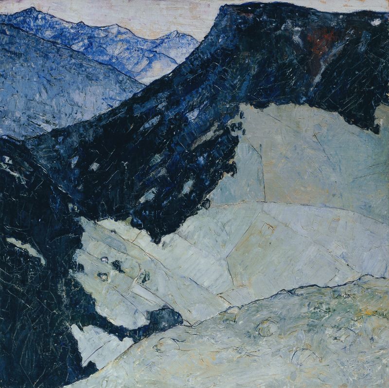 Der Berg by Franz Secky, oil on canvas depicting a snow-capped mountain over a serene valley.