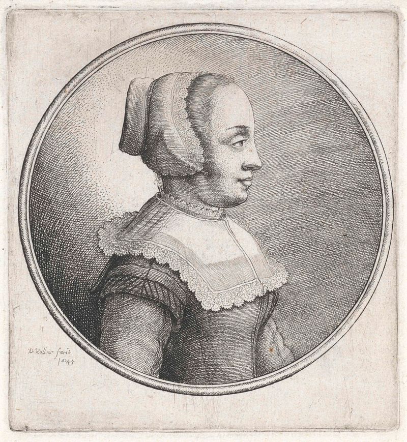 Retrato de uma mulher com cabeçalho de renda, gravura de Wenceslaus Hollar