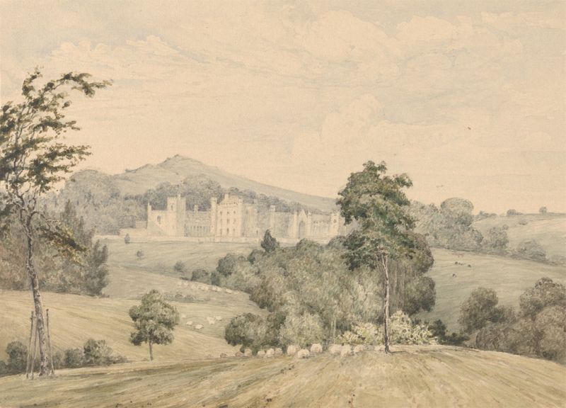Llanerchydol Hall landscape by Robert Streatfeild, oil on canvas featuring trees and architecture.