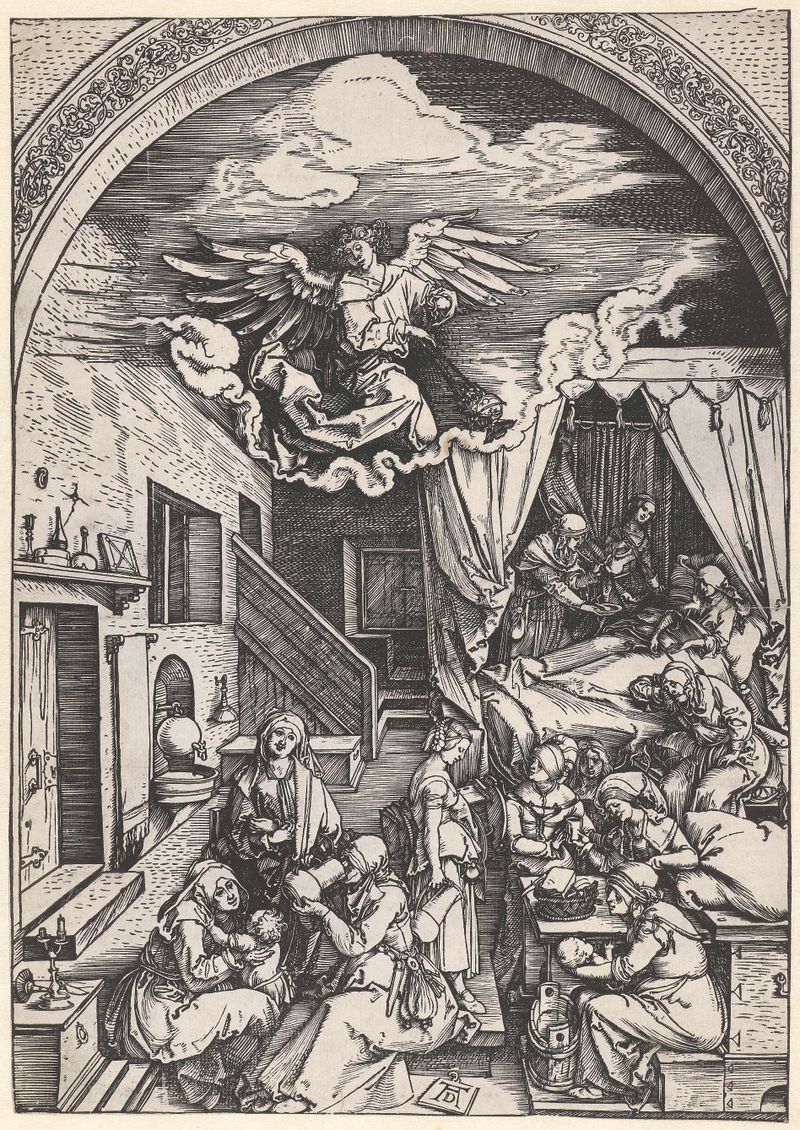 De geboorte van Maria de Albrecht Dürer, meio papel, representando a Virgem Maria com luz divina.