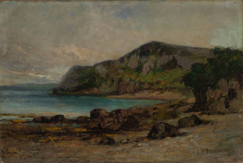 Rocks at Newport by Edward Mitchell Bannister, oil on canvas depicting rugged coastline and ocean waves.