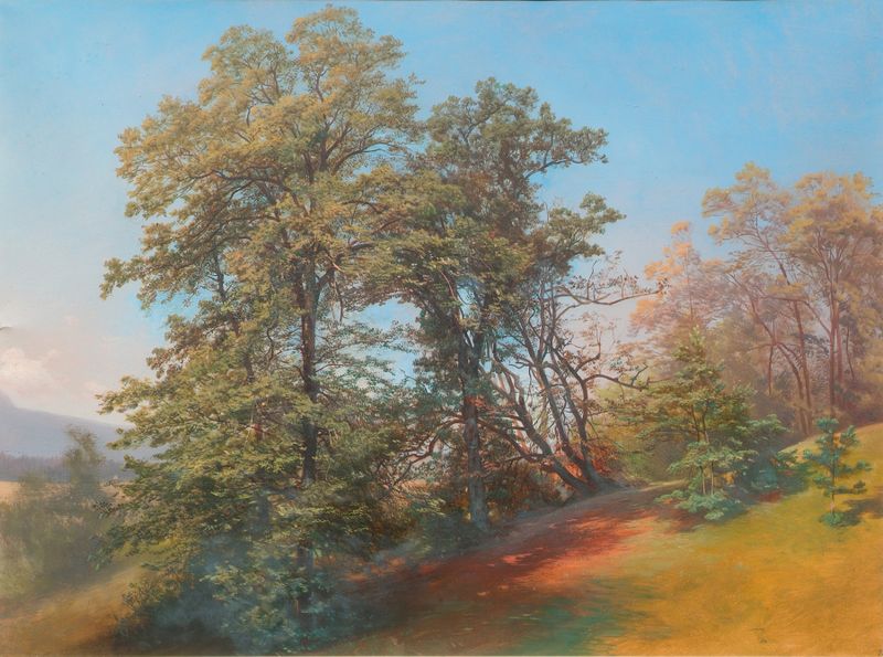 Landscape with trees and sunlight by Joseph Holzer, oil on canvas