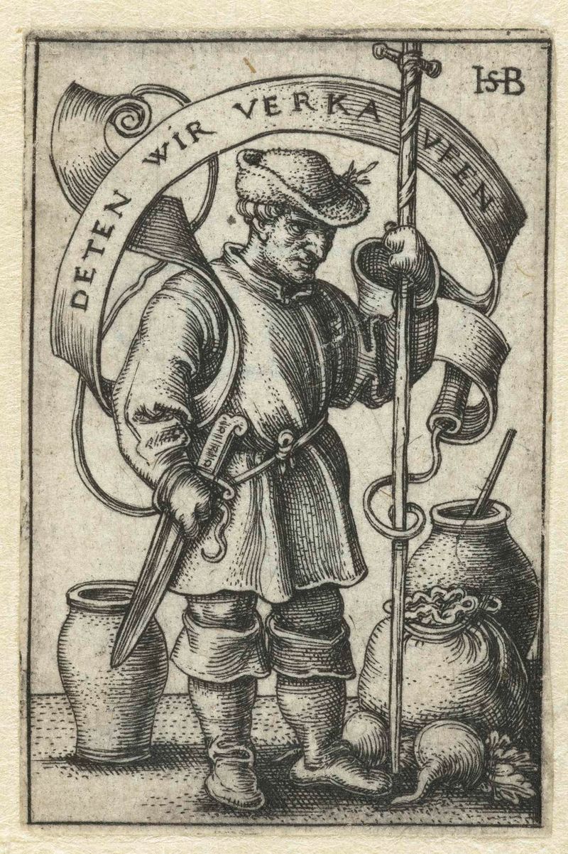 Grabado de Hans Sebald Beham que muestra a un agricultor vendiendo productos en un mercado