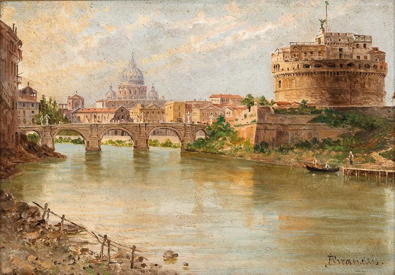 Pintura a óleo de Antonietta Brandeis retratando o Castel Sant’Angelo e a Basílica de São Pedro.