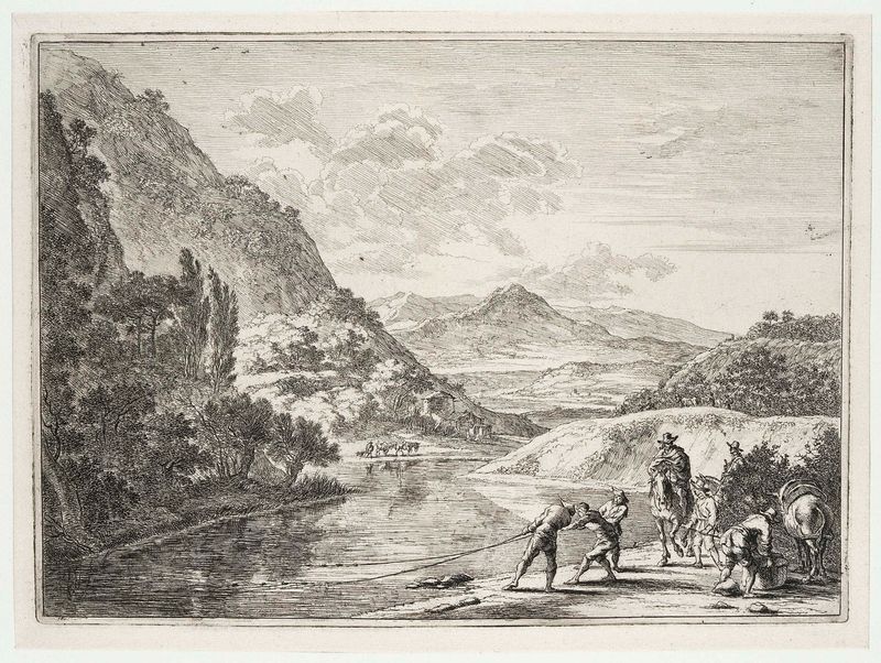 Gravura de Jan Both mostrando pescadores ao lado do rio, com barcos e reflexos.