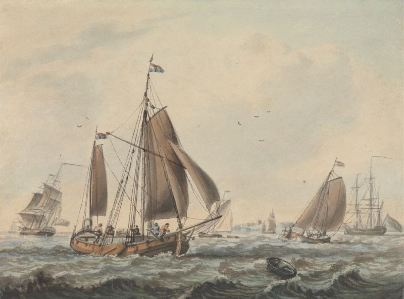 Dutch Shipping de Dominic Serres, óleo sobre lienzo que representa barcos navegando al anochecer.