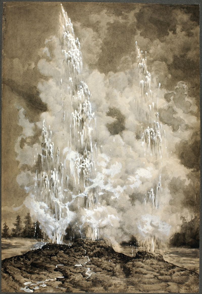 Yellowstone Geyser de Richard Norris Brooke, pintura a óleo que retrata uma paisagem natural.