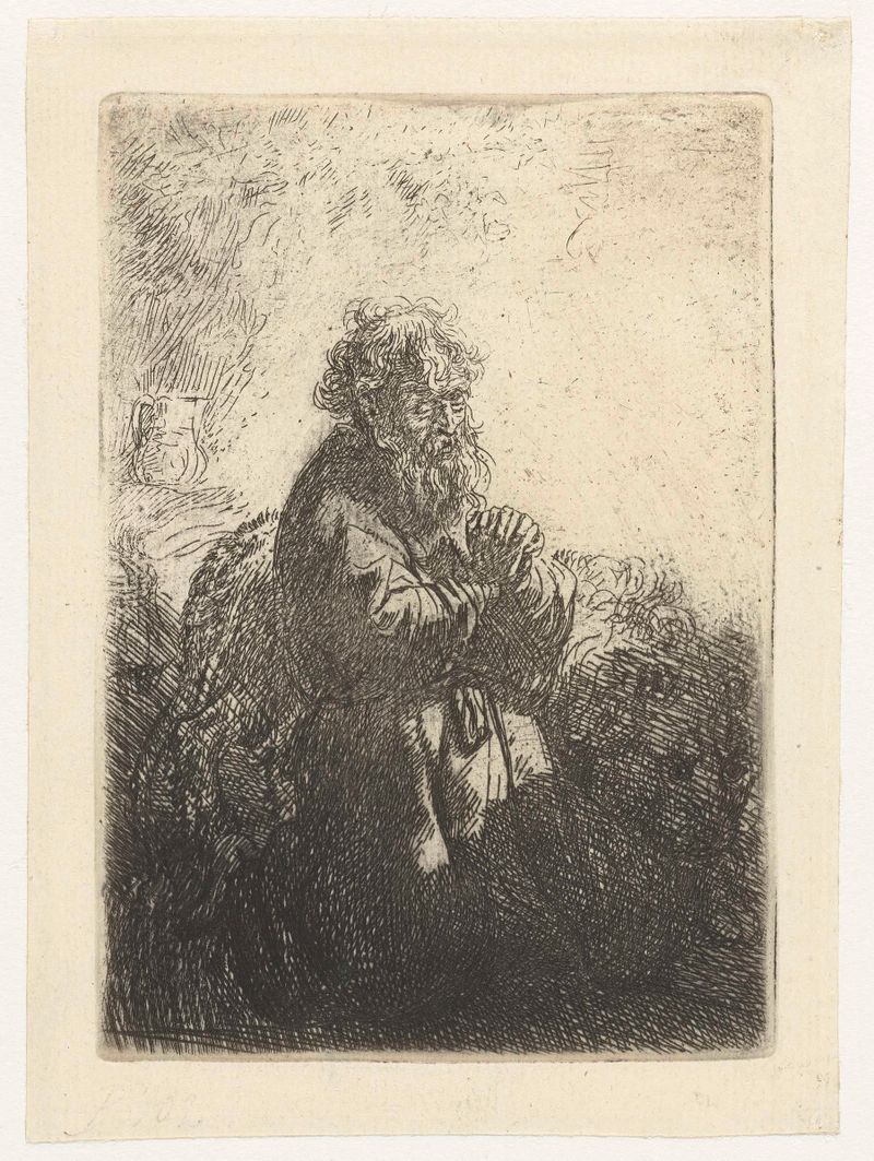 San Jerónimo arrodillado en oración, grabado de Rembrandt van Rijn, iluminado por luz dorada.