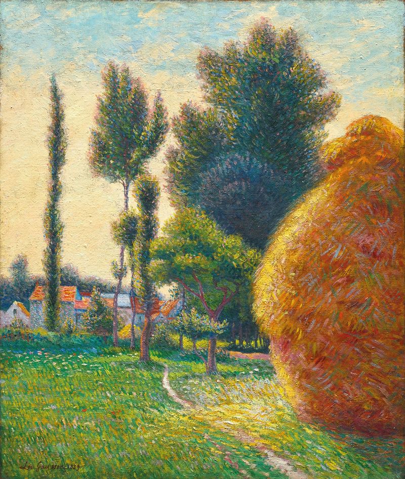 oil painting by Léo Gausson depicting a garden at dawn with soft light and dew on trees