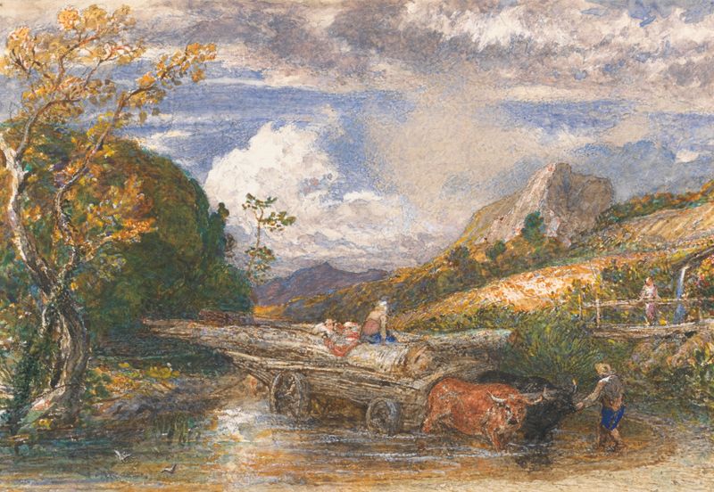 Timber Wagon Crossing a Stream by Samuel Palmer, oil painting depicting a wagon crossing a stream in a forest