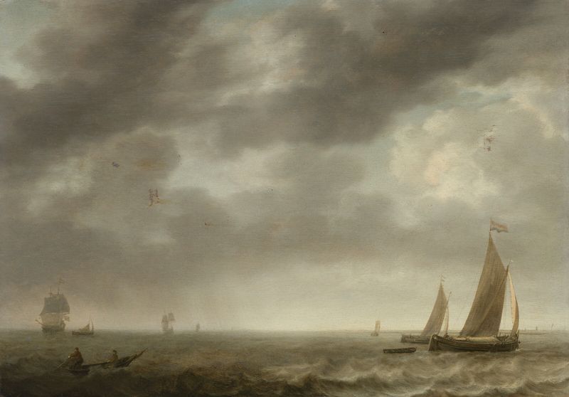 Seascape de Simon Jacobsz. De Vlieger, pintura a óleo que retrata ondas do oceano e horizonte.