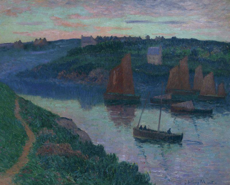 Marine scene with fishing boats in Brittany by Henry Moret, oil painting