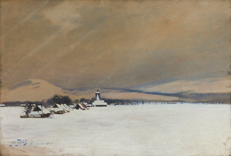 Winter landscape oil painting by Julian Falat featuring snow and tall pines