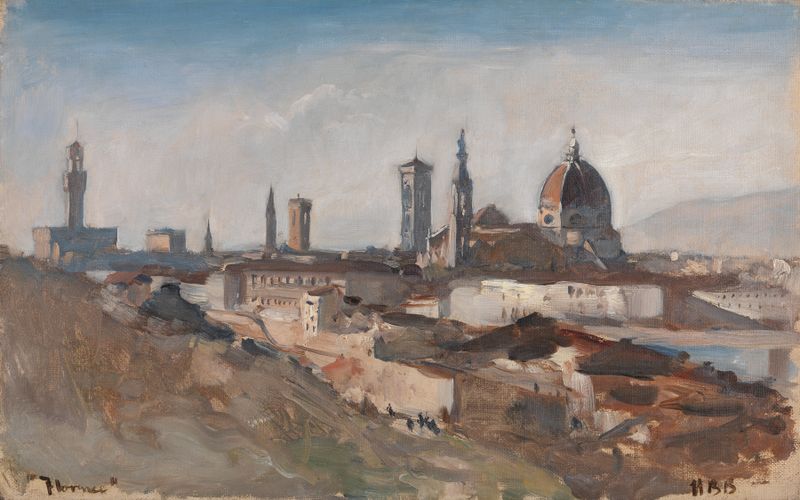 Pintura a óleo de paisagem por Hercules Brabazon Brabazon com árvores e luz.