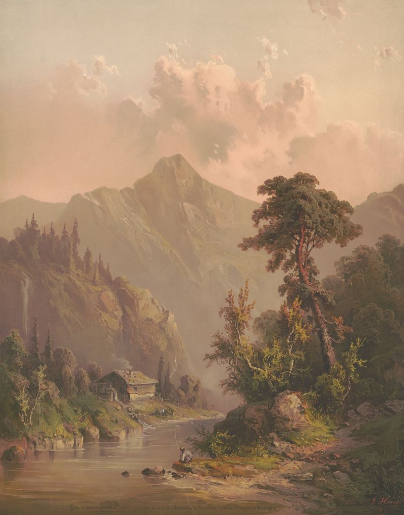 Source of the Delaware River, óleo sobre tela de G. Morgan, retratando uma paisagem de rio tranquila.