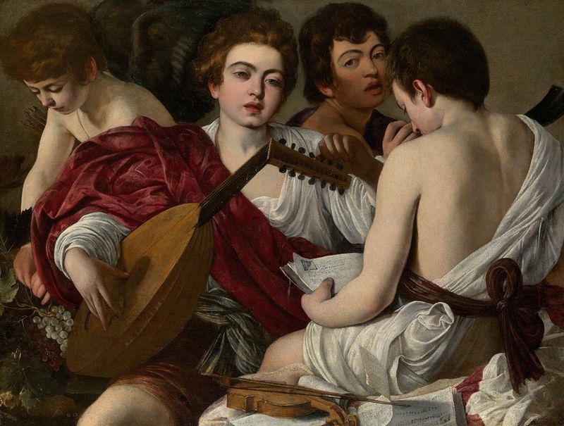 The Musicians by Caravaggio, oil on canvas, depicting musicians in a shadowy setting.